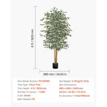 6FT Artificial Ficus Tree Tall Faux Plant with Black Pot for Indoor Decor