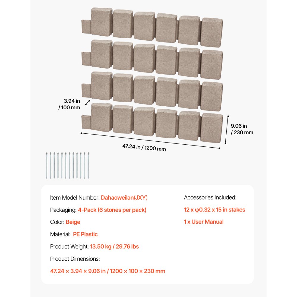 VEVOR Fake Stone Landscape Edging 1200 x 100 x 230 mm Lawn Edging Fade-Resistant Beige
