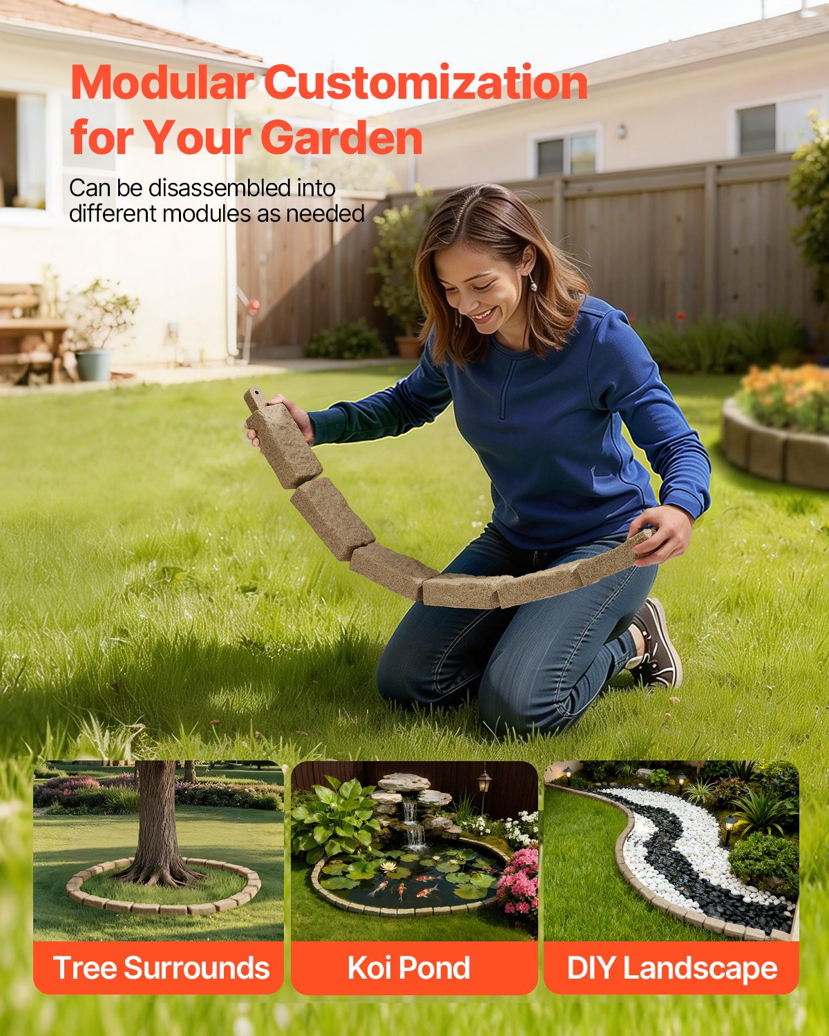 VEVOR Faux Stone Landscape Edging, 46.4 x 2.2 in Realistic Lawn Edging, Flexible Brick-Sized Garden Edging Border with Anchoring Spikes, Fade-Resistant Yard Edging for Driveways Walkway Beige