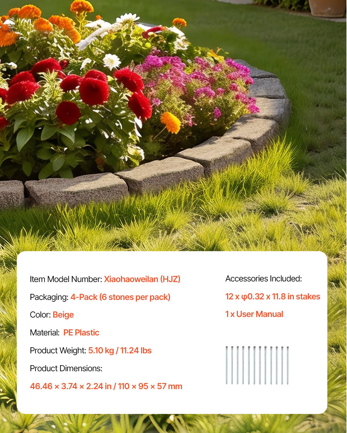 VEVOR Faux Stone Landscape Edging, 46.4 x 2.2 in Realistic Lawn Edging, Flexible Brick-Sized Garden Edging Border with Anchoring Spikes, Fade-Resistant Yard Edging for Driveways Walkway Beige