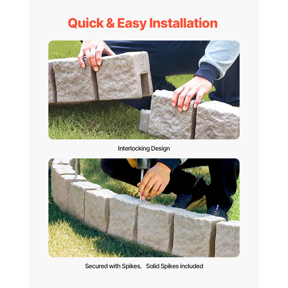 VEVOR Faux Stone Landscape Edging 46.8 x 3.9 in Realistic Lawn Edging, Flexible Brick-Sized Garden Edging Border with Anchoring Spikes, Fade-Resistant Yard Edging for Driveways Walkway Beige