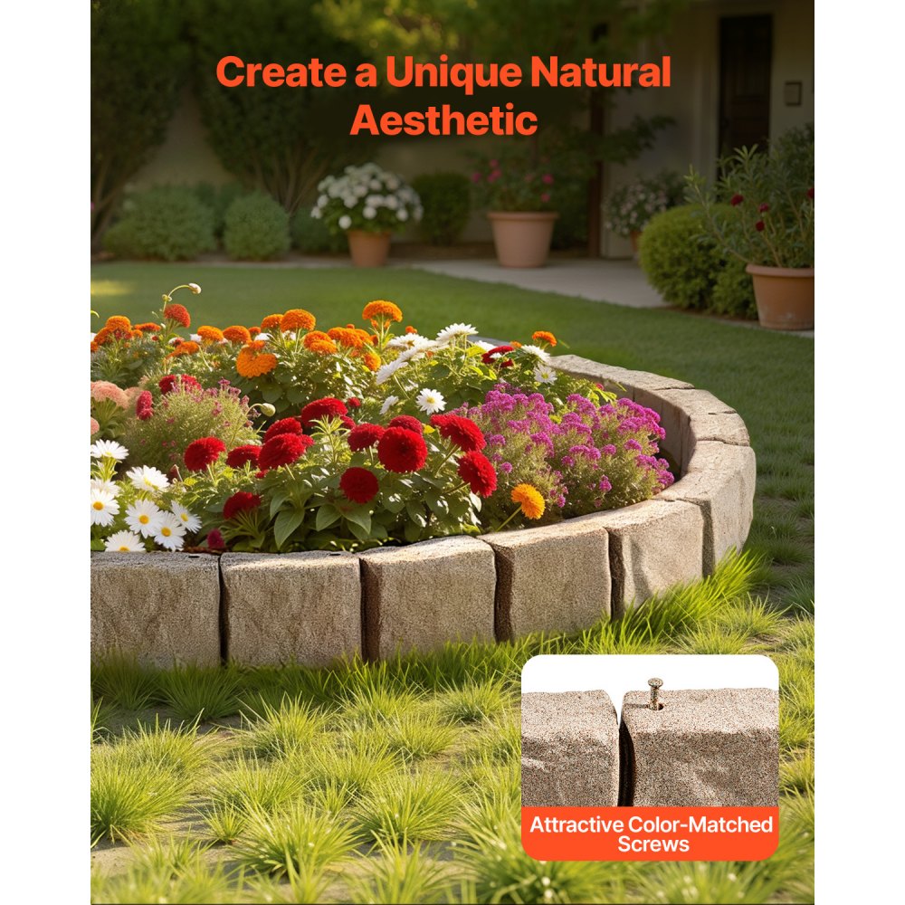 VEVOR Faux Stone Landscape Edging 46.8 x 3.9 in Realistic Lawn Edging, Flexible Brick-Sized Garden Edging Border with Anchoring Spikes, Fade-Resistant Yard Edging for Driveways Walkway Beige
