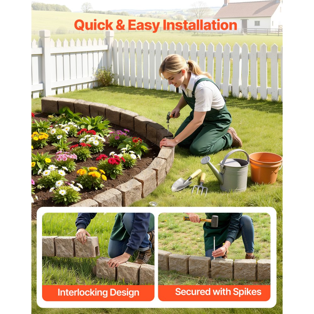 VEVOR Faux Stone Landscape Edging 46.8 x 3.9 in Realistic Lawn Edging, Flexible Brick-Sized Garden Edging Border with Anchoring Spikes, Fade-Resistant Yard Edging for Driveways Walkway Beige