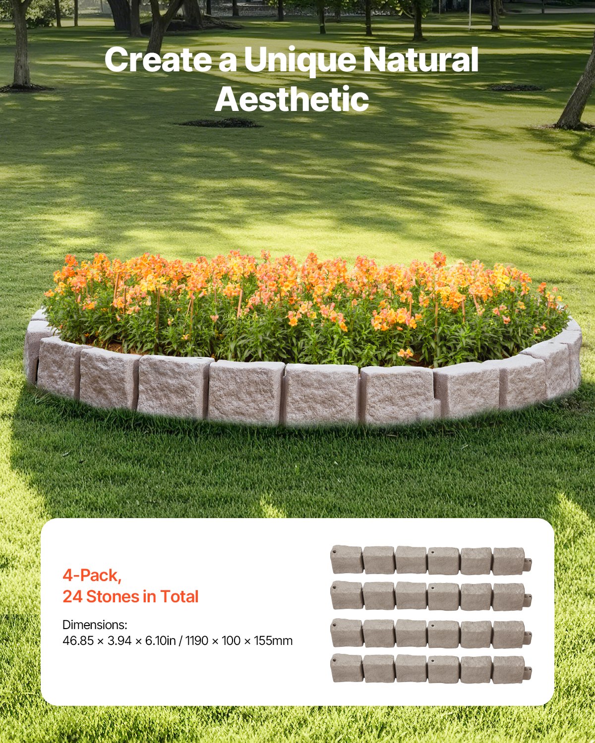 VEVOR Faux Stone Landscape Edging 46.8 x 3.9 in Realistic Lawn Edging, Flexible Brick-Sized Garden Edging Border with Anchoring Spikes, Fade-Resistant Yard Edging for Driveways Walkway Beige