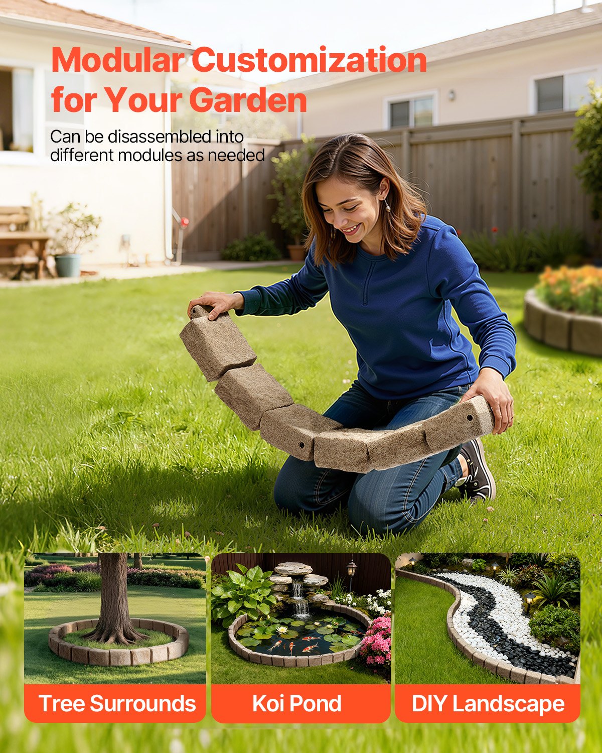 VEVOR Faux Stone Landscape Edging 46.8 x 3.9 in Realistic Lawn Edging, Flexible Brick-Sized Garden Edging Border with Anchoring Spikes, Fade-Resistant Yard Edging for Driveways Walkway Beige