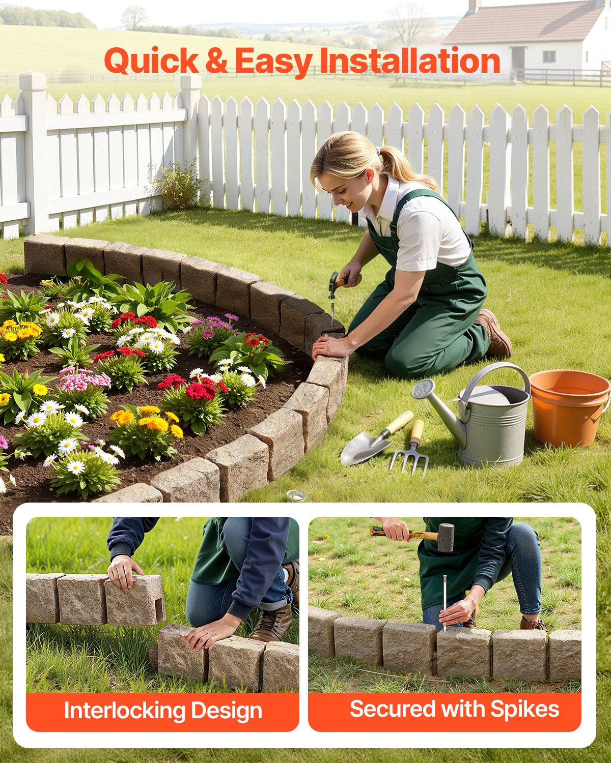 VEVOR Faux Stone Landscape Edging 46.8 x 3.9 in Realistic Lawn Edging, Flexible Brick-Sized Garden Edging Border with Anchoring Spikes, Fade-Resistant Yard Edging for Driveways Walkway Beige