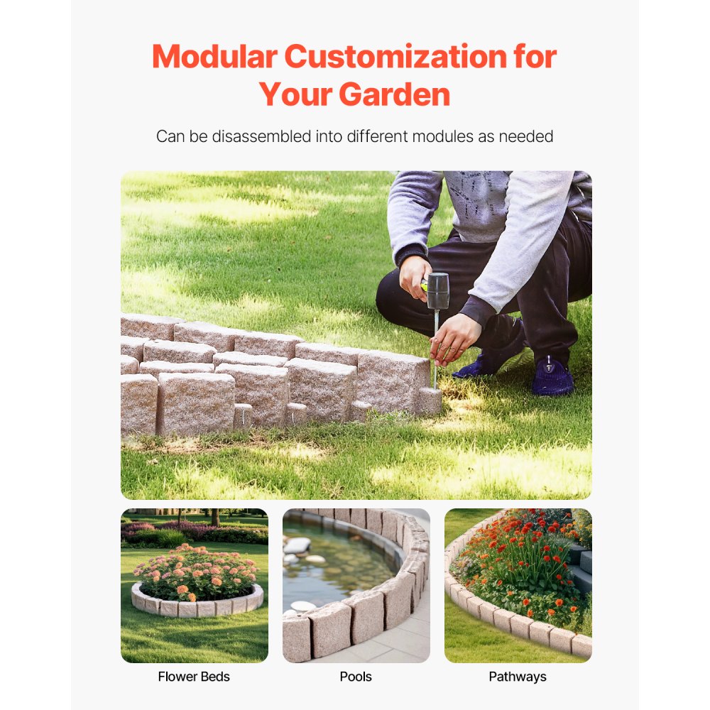 VEVOR Faux Stone Landscape Edging, 46.8 x 3.9 in Realistic Lawn Edging, Flexible Brick-Sized Garden Edging Border with Anchoring Spikes, Fade-Resistant Yard Edging for Driveways Walkway Brown