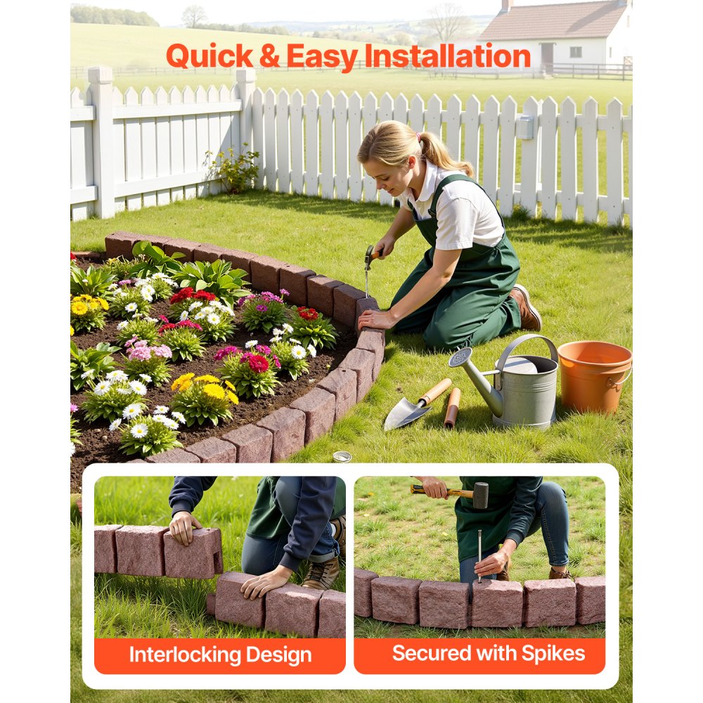 VEVOR Faux Stone Landscape Edging, 46.8 x 3.9 in Realistic Lawn Edging, Flexible Brick-Sized Garden Edging Border with Anchoring Spikes, Fade-Resistant Yard Edging for Driveways Walkway Brown