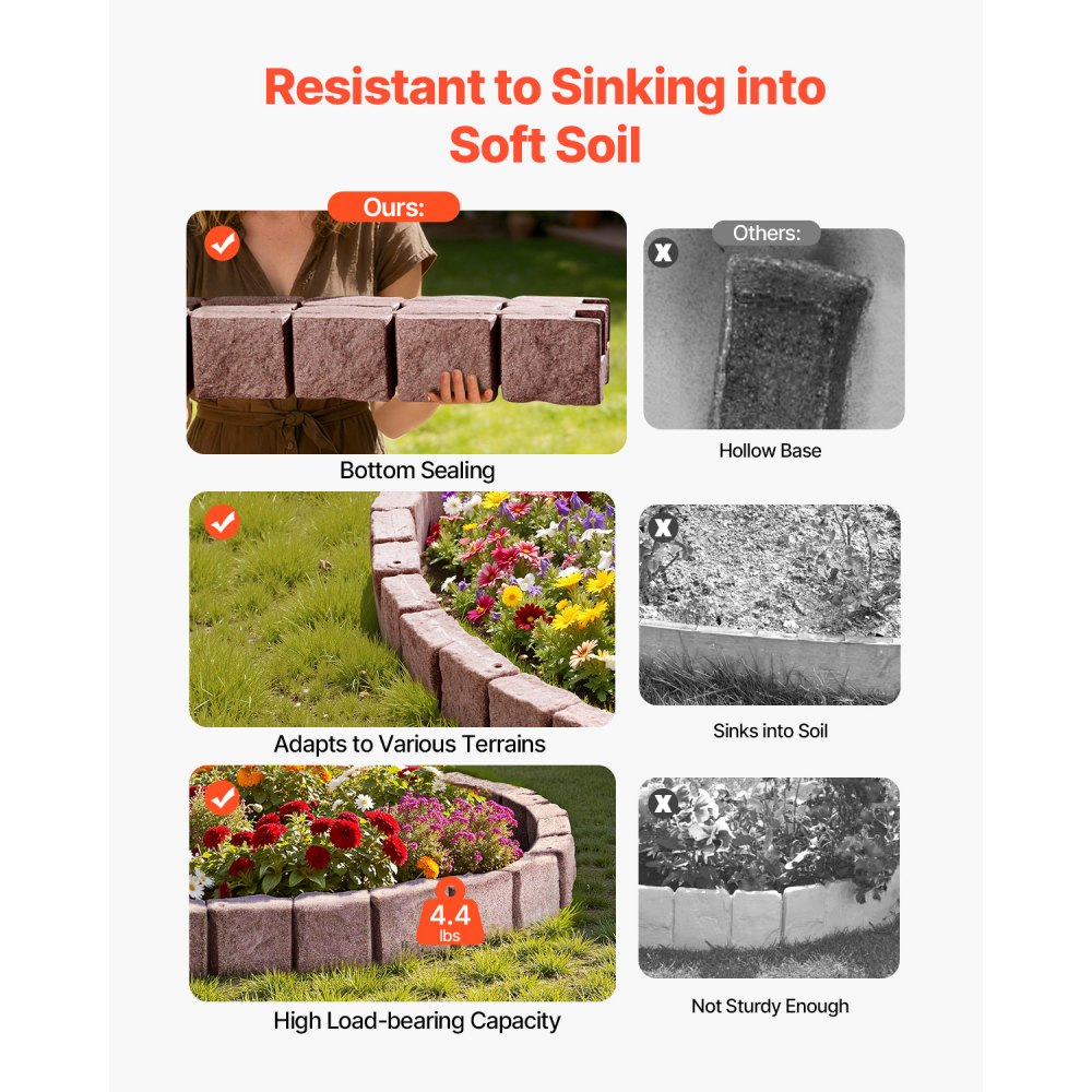 VEVOR Faux Stone Landscape Edging, 46.8 x 3.9 in Realistic Lawn Edging, Flexible Brick-Sized Garden Edging Border with Anchoring Spikes, Fade-Resistant Yard Edging for Driveways Walkway Brown