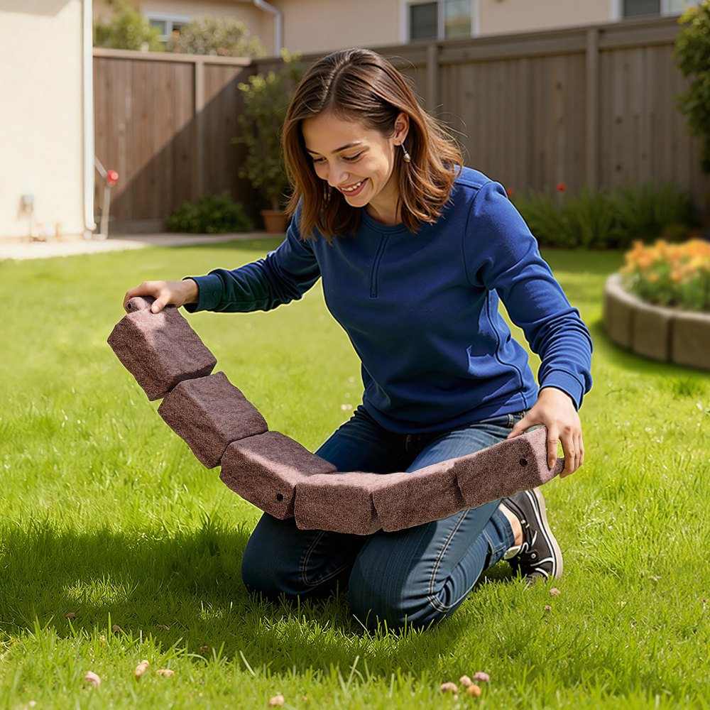 VEVOR Faux Stone Landscape Edging, 46.8 x 3.9 in Realistic Lawn Edging, Flexible Brick-Sized Garden Edging Border with Anchoring Spikes, Fade-Resistant Yard Edging for Driveways Walkway Brown