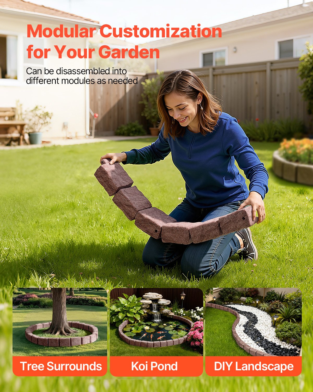 VEVOR Faux Stone Landscape Edging, 46.8 x 3.9 in Realistic Lawn Edging, Flexible Brick-Sized Garden Edging Border with Anchoring Spikes, Fade-Resistant Yard Edging for Driveways Walkway Brown