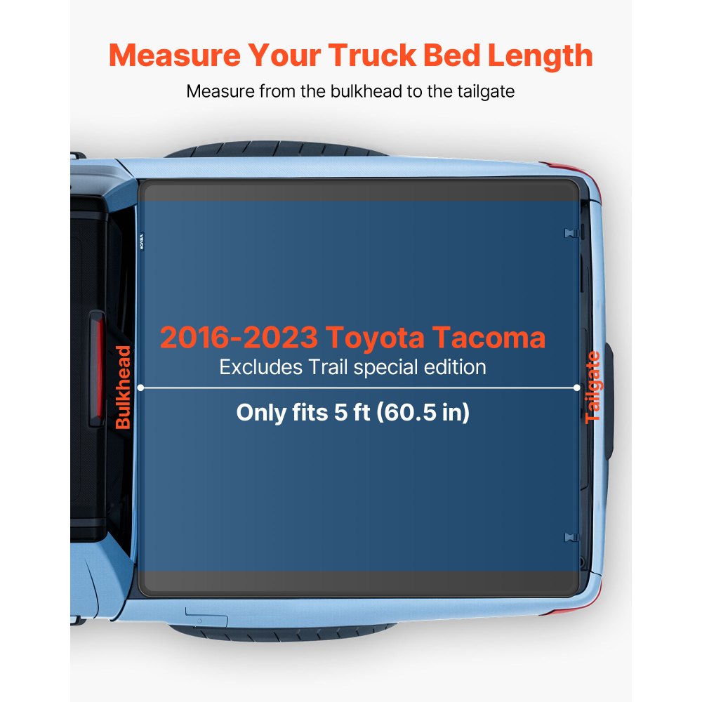 VEVOR Soft Tri-Fold Truck Bed Tonneau Cover, Compatible with 2016-2023 Toyota Tacoma (Excl. Trail Edition) 153.7 cm Bed with Track Rail System, Fleetside, Waterproof Soft Folding Truck Tonneau Cover