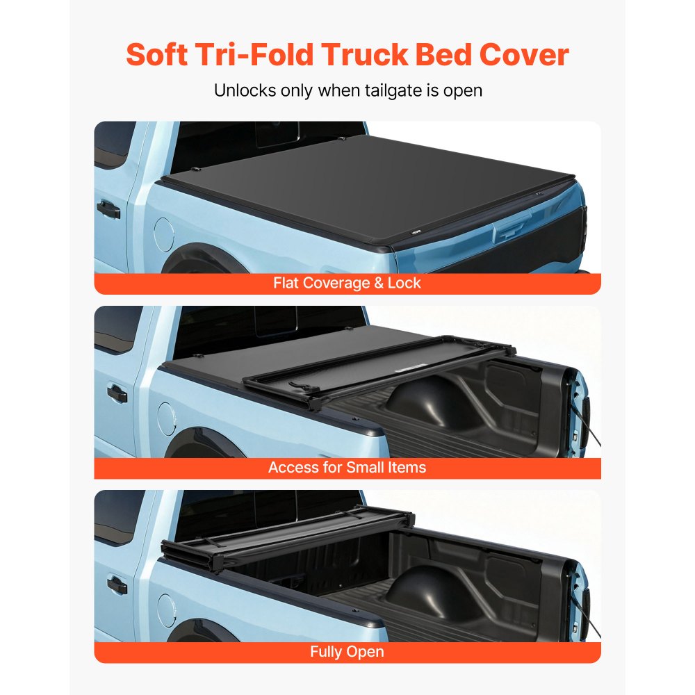 VEVOR Soft Tri-Fold Truck Bed Tonneau Cover, Compatible with 2016-2023 Toyota Tacoma (Excl. Trail Edition) 153.7 cm Bed with Track Rail System, Fleetside, Waterproof Soft Folding Truck Tonneau Cover