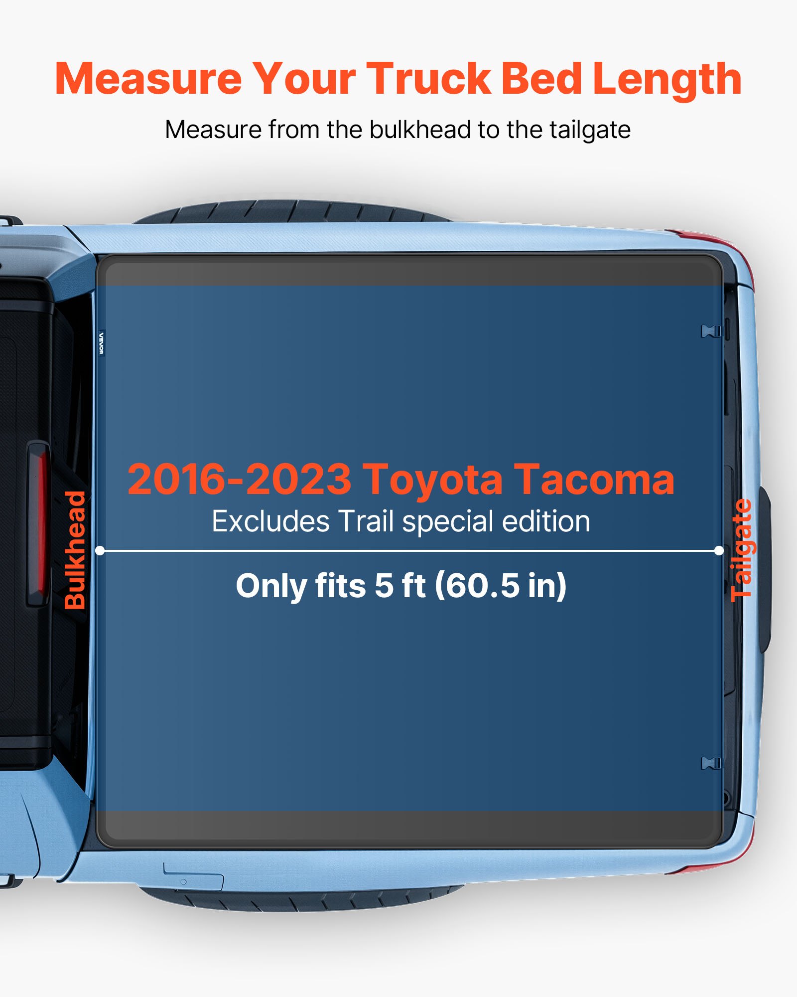 VEVOR Soft Tri-Fold Truck Bed Tonneau Cover, Compatible with 2016-2023 Toyota Tacoma (Excl. Trail Edition) 153.7 cm Bed with Track Rail System, Fleetside, Waterproof Soft Folding Truck Tonneau Cover