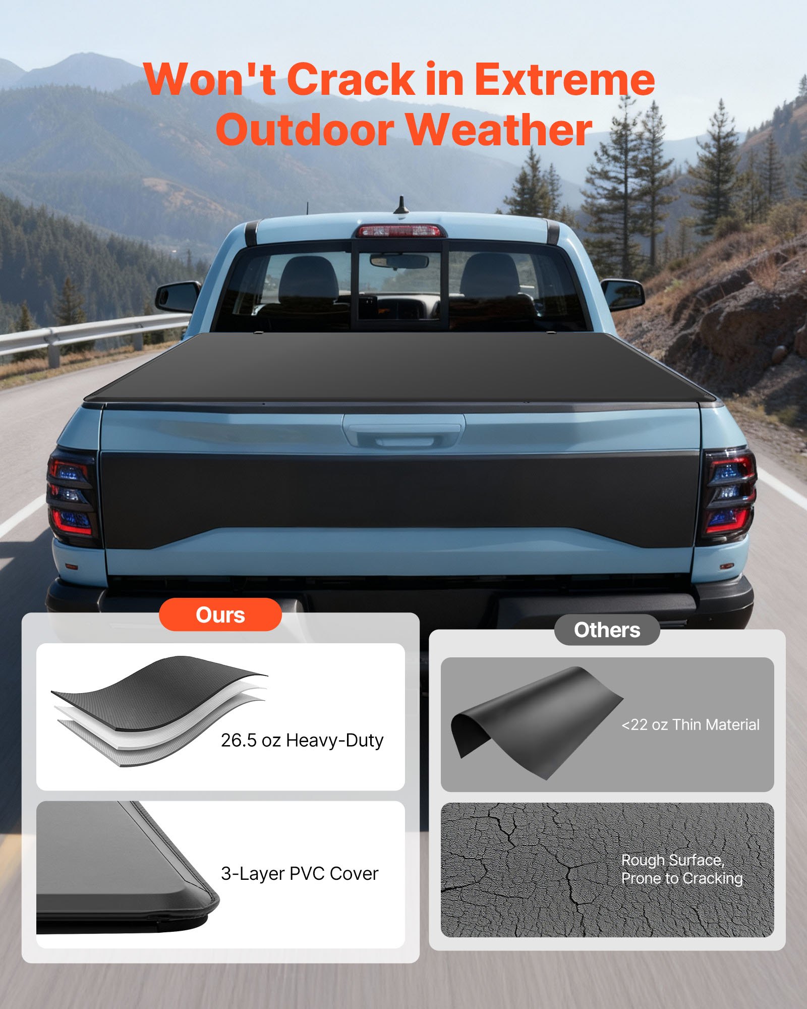 VEVOR Soft Tri-Fold Truck Bed Tonneau Cover, Compatible with 2016-2023 Toyota Tacoma (Excl. Trail Edition) 153.7 cm Bed with Track Rail System, Fleetside, Waterproof Soft Folding Truck Tonneau Cover