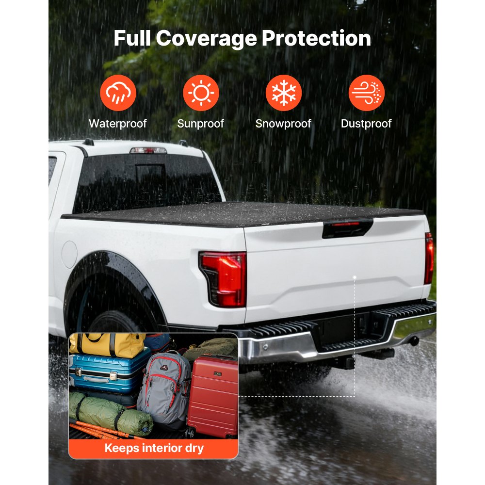 VEVOR Soft Tri-Fold Truck Bed Tonneau Cover, Compatible with 2015-2025 Ford F-150 170.4 cm Bed, Waterproof Soft Folding Truck Tonneau Cover with Heavy-Duty 3-Layer PVC and Aluminum Alloy Support Bar