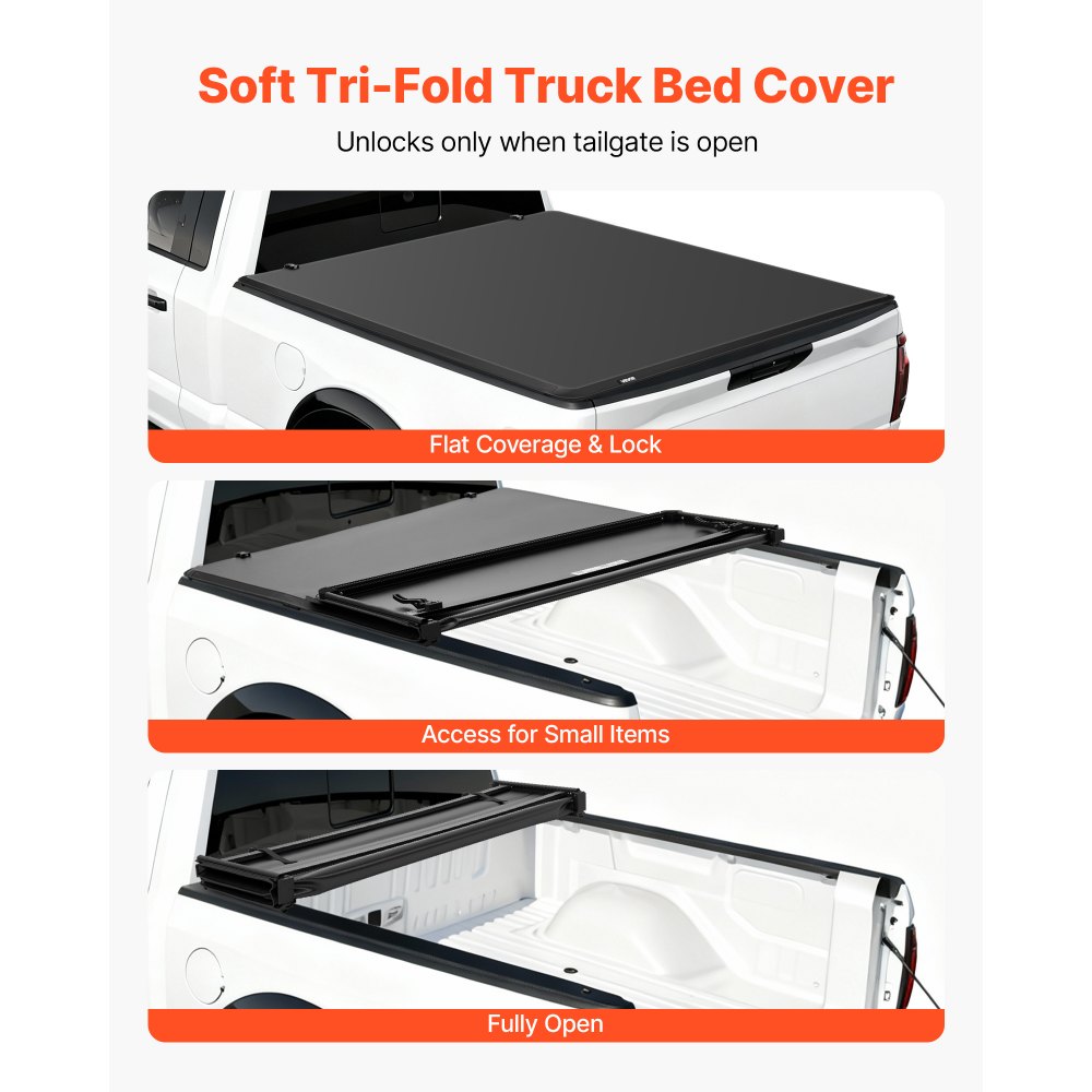 VEVOR Soft Tri-Fold Truck Bed Tonneau Cover, Compatible with 2015-2025 Ford F-150 170.4 cm Bed, Waterproof Soft Folding Truck Tonneau Cover with Heavy-Duty 3-Layer PVC and Aluminum Alloy Support Bar