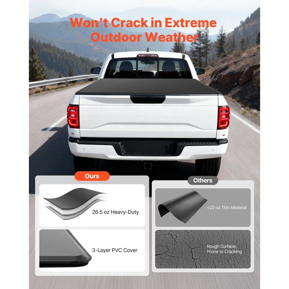 VEVOR Soft Tri-Fold Truck Bed Tonneau Cover, Compatible with 2015-2025 Ford F-150 170.4 cm Bed, Waterproof Soft Folding Truck Tonneau Cover with Heavy-Duty 3-Layer PVC and Aluminum Alloy Support Bar