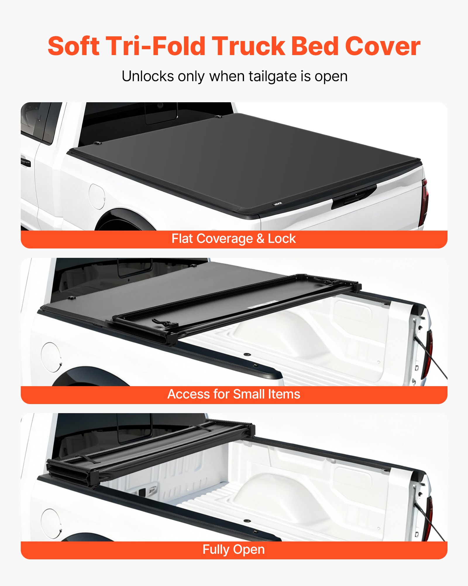 VEVOR Soft Tri-Fold Truck Bed Tonneau Cover, Compatible with 2015-2025 Ford F-150 170.4 cm Bed, Waterproof Soft Folding Truck Tonneau Cover with Heavy-Duty 3-Layer PVC and Aluminum Alloy Support Bar