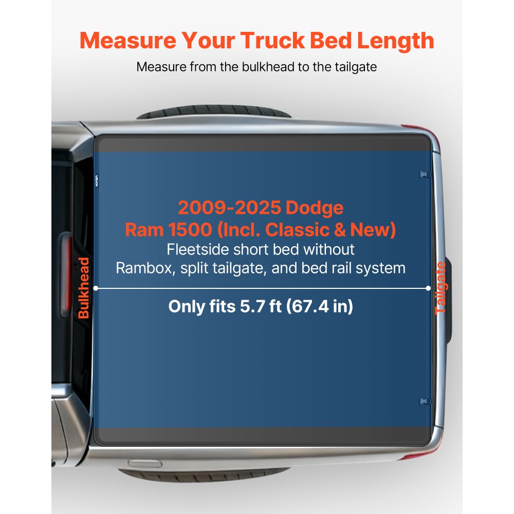 VEVOR Soft Tri-Fold Truck Bed Tonneau Cover, Compatible with 2009-2025 Dodge Ram 1500 (Incl. Classic & New) 171.2 cm Bed, Fleetside Without Rambox, Split Tailgate, and Track System, Waterproof Folding