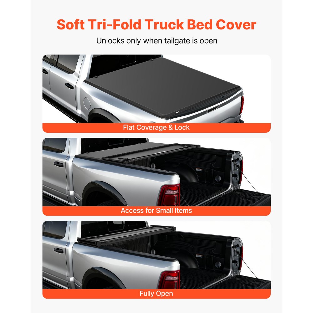 VEVOR Soft Tri-Fold Truck Bed Tonneau Cover, Compatible with 2009-2025 Dodge Ram 1500 (Incl. Classic & New) 171.2 cm Bed, Fleetside Without Rambox, Split Tailgate, and Track System, Waterproof Folding