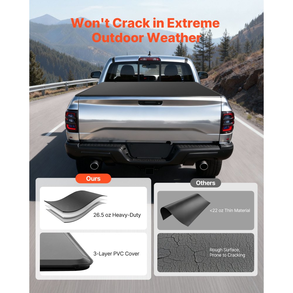 VEVOR Soft Tri-Fold Truck Bed Tonneau Cover, Compatible with 2009-2025 Dodge Ram 1500 (Incl. Classic & New) 171.2 cm Bed, Fleetside Without Rambox, Split Tailgate, and Track System, Waterproof Folding