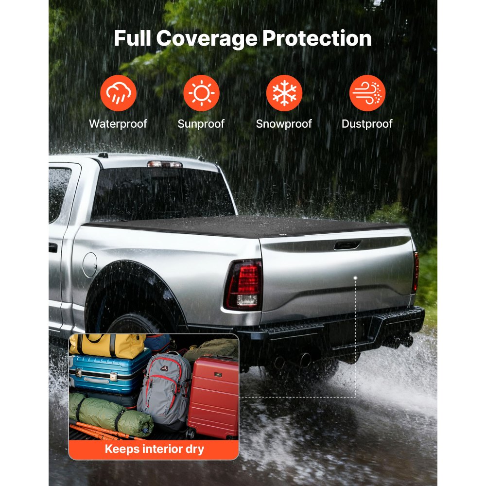 VEVOR Soft Tri-Fold Truck Bed Tonneau Cover, Compatible with 2009-2025 Dodge Ram 1500 (Incl. Classic & New) 171.2 cm Bed, Fleetside Without Rambox, Split Tailgate, and Track System, Waterproof Folding