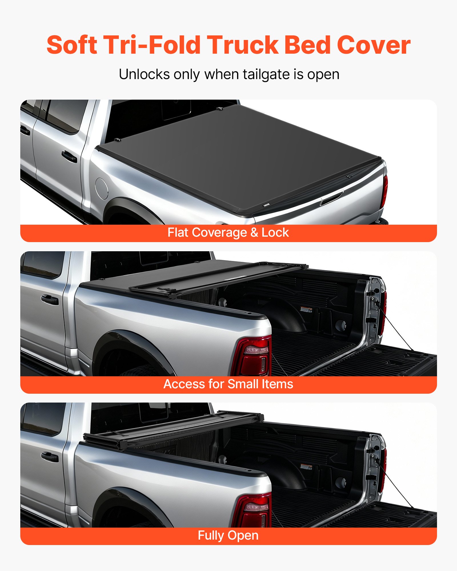 VEVOR Soft Tri-Fold Truck Bed Tonneau Cover, Compatible with 2009-2025 Dodge Ram 1500 (Incl. Classic & New) 171.2 cm Bed, Fleetside Without Rambox, Split Tailgate, and Track System, Waterproof Folding