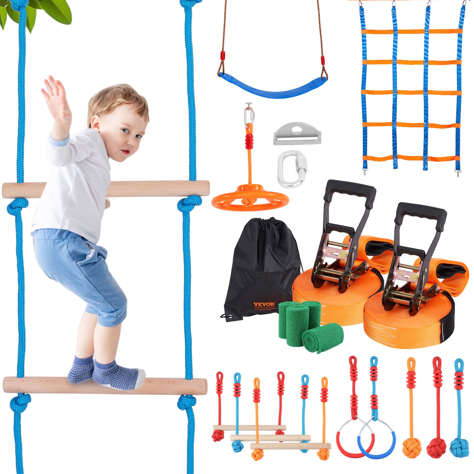 VEVOR Ninja Warrior Obstacle Course for Kids, 2 x 17m Weatherproof Slacklines, 227kg Weight Capacity Monkey Line, Outdoor Playset Equipment, Backyard Toys Training Equipment Set with 12 Obstacles