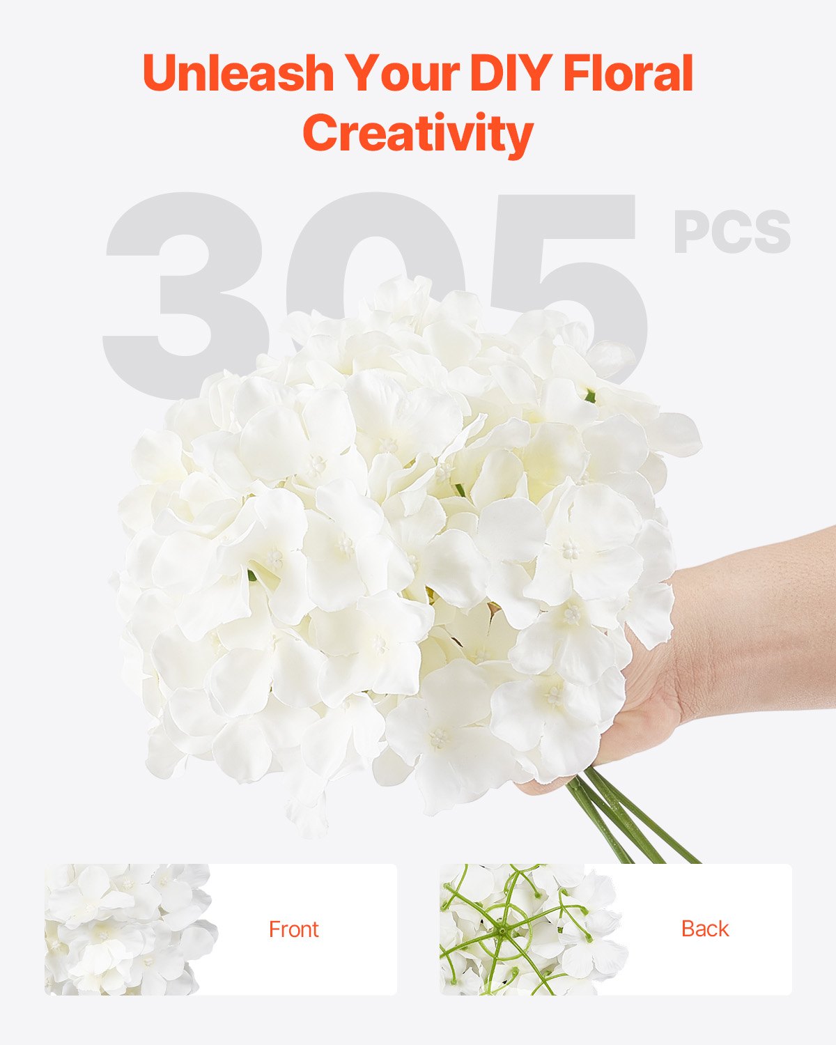 VEVOR Artificial Flowers, 305 pcs Real Looking White Silk Fake Hydrangea Bulk, White Faux Bridal Shower with Stems for DIY Wedding Bouquets, Home Centerpieces Arrangements, Party Tables Decorations