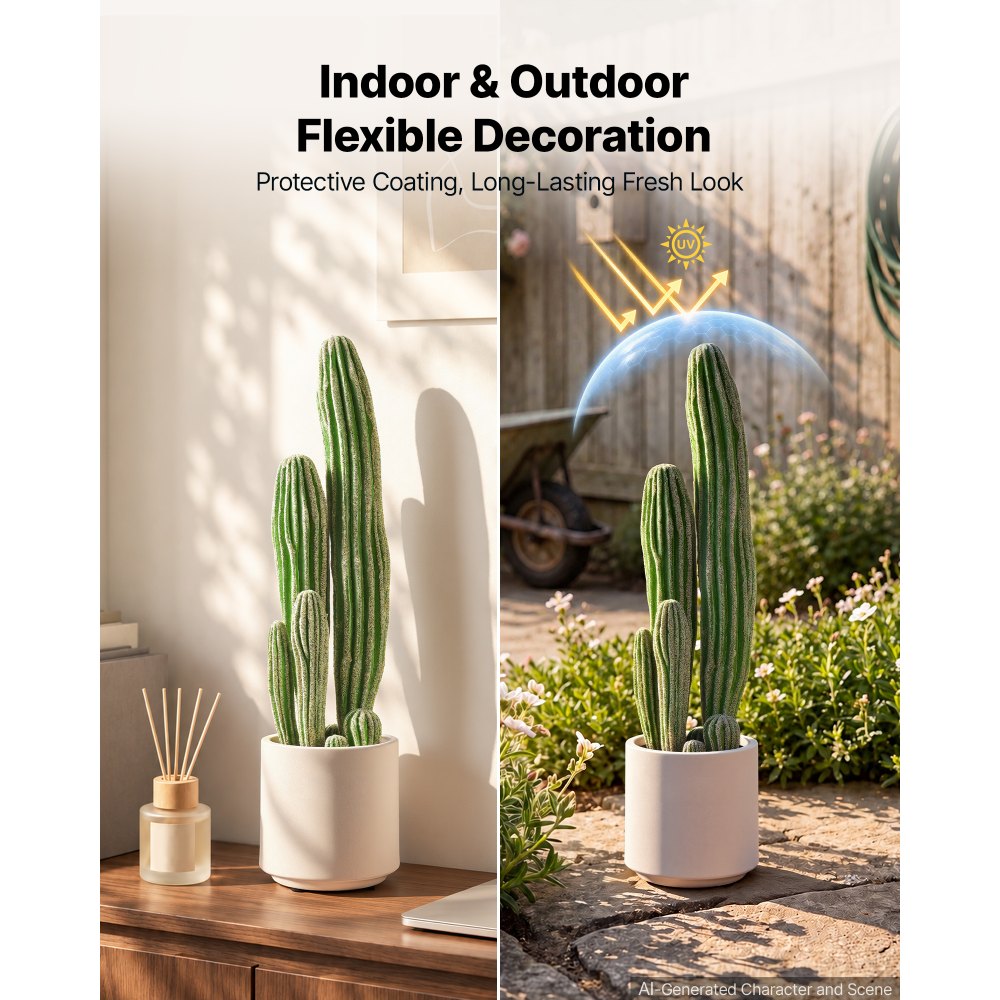 VEVOR Artificial Cactus, 610 mm Tall Fake Cactus Plant with White Pot, for Home, Garden, Office, Store, Living Room, Bedroom Indoor Decoration, Realistic Texture Faux Decor Plant, Premium HDPE