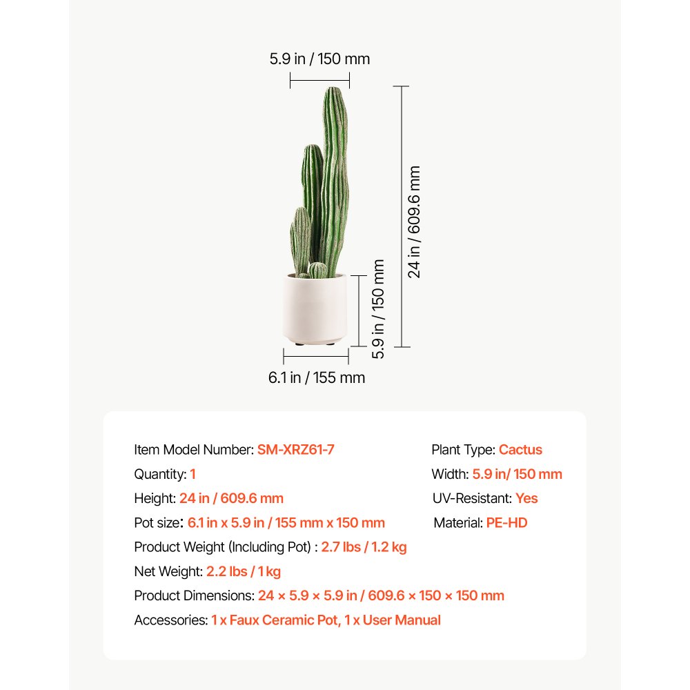 VEVOR Artificial Cactus, 610 mm Tall Fake Cactus Plant with White Pot, for Home, Garden, Office, Store, Living Room, Bedroom Indoor Decoration, Realistic Texture Faux Decor Plant, Premium HDPE