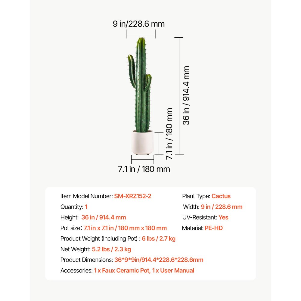 VEVOR Artificial Cactus, 914 mm Tall Fake Cactus Plant with White Pot, for Home, Garden, Office, Store, Living Room, Bedroom Indoor Decoration, Realistic Texture Faux Decor Plant, Premium HDPE