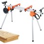 VEVOR miter saw stand with wheels and adjustable mounts next to a stack of wooden boards.