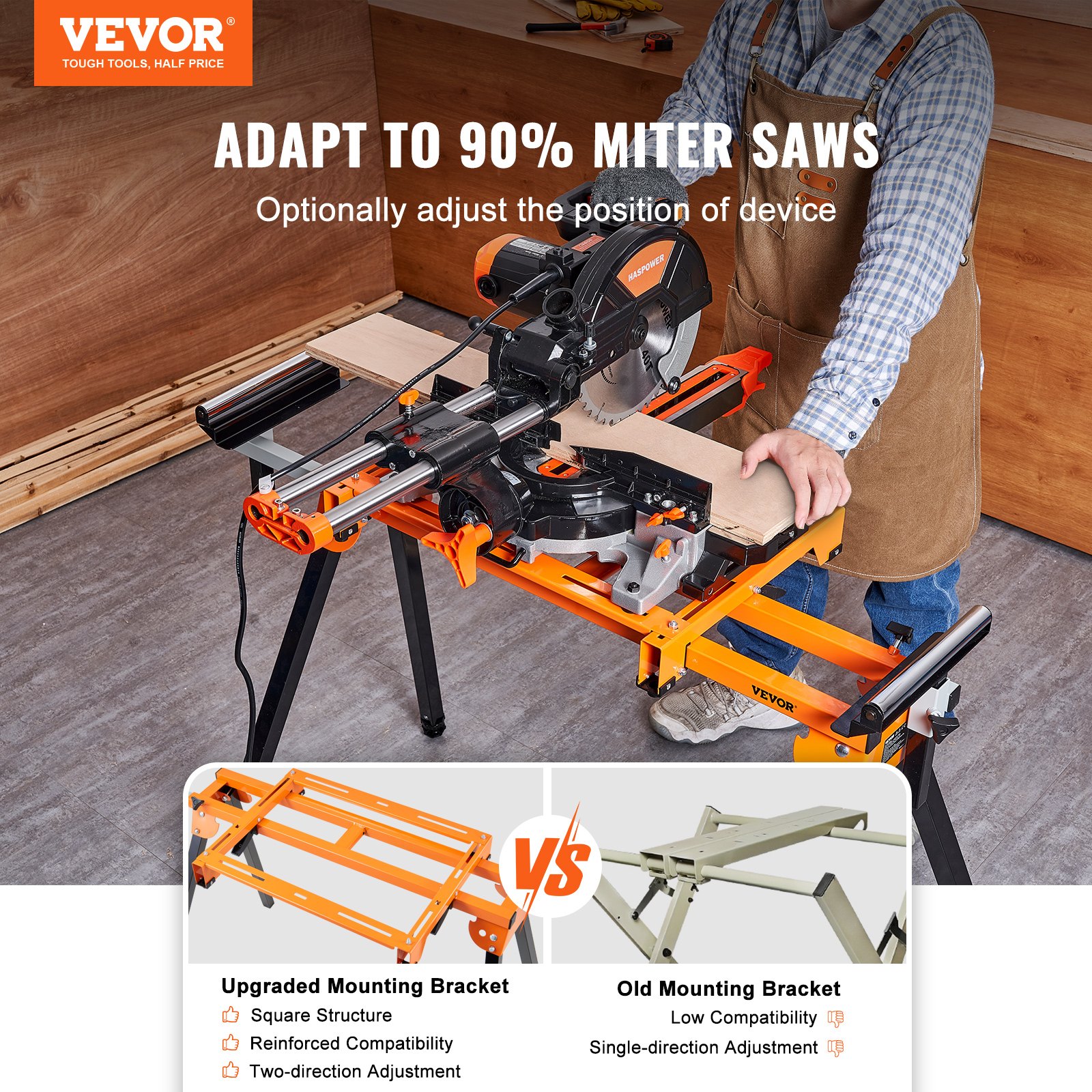 carpenter using VEVOR miter saw stand with adjustable mounting bracket, showcasing adaptability and stability.