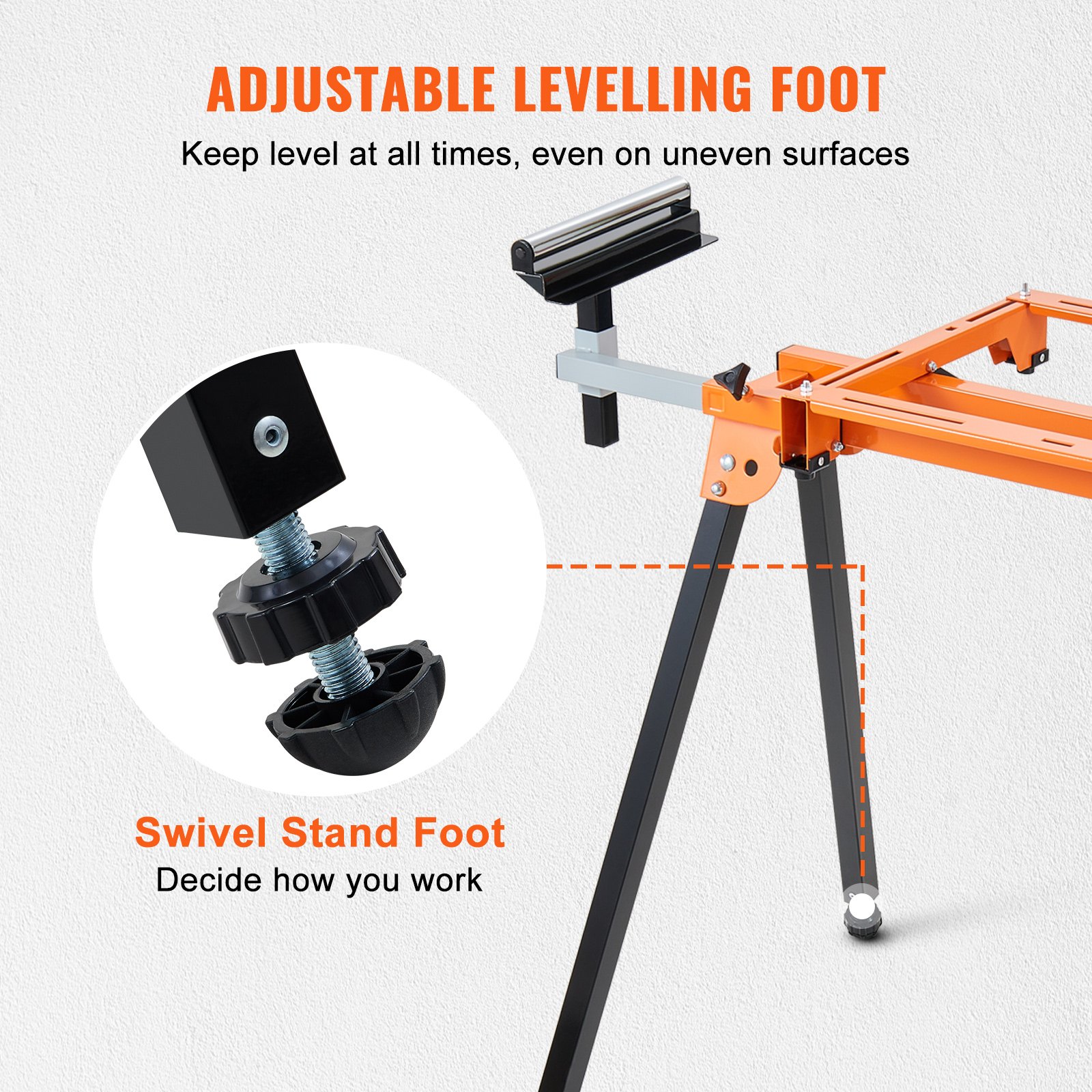 VEVOR miter saw stand with adjustable leveling foot and swivel stand foot for stability on uneven surfaces.