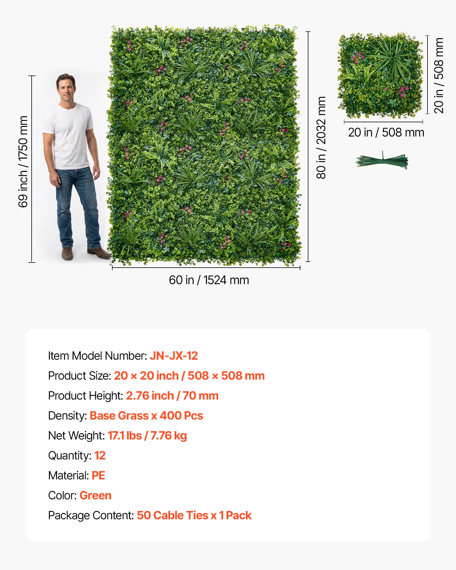 VEVOR Artificial Plant Wall, 12PCS 50.8 x 50.8 cm Artificial Boxwood Panels, Sun Protection Greenery Backdrop Privacy Hedge Fence, Fake Grass Wall Screen for Wedding, Indoor, Outdoor Garden, Backyard