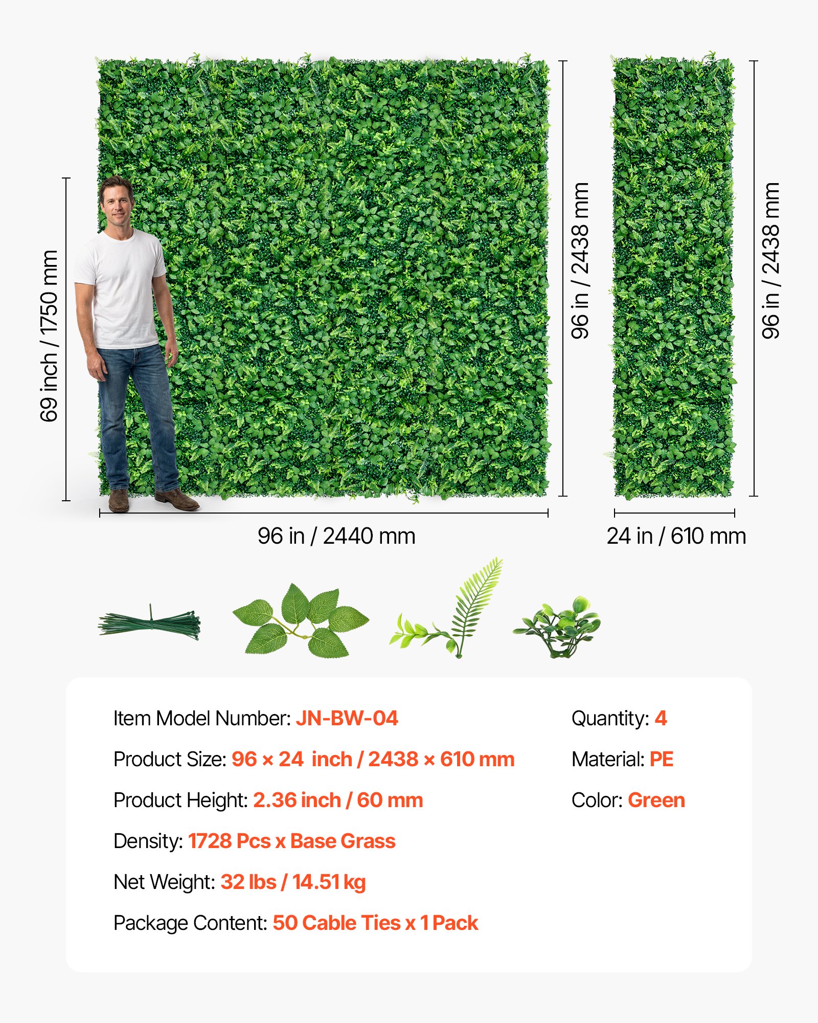 VEVOR Artificial Plant Wall, 4 PCS 61 x 243.8 cm Artificial Boxwood Panels, Sun Protection Greenery Backdrop Privacy Hedge Fence, Fake Grass Screen for Wedding, Indoor, Outdoor Garden, Backyard