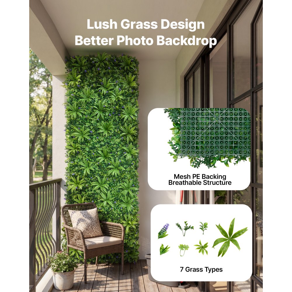 VEVOR Artificial Plant Wall, 101.6 x 304.8 cm Artificial Boxwood Panels, Sun Protection Greenery Backdrop Privacy Hedge Fence, Fake Grass Screen for Wedding, Indoor, Outdoor Garden, Backyard