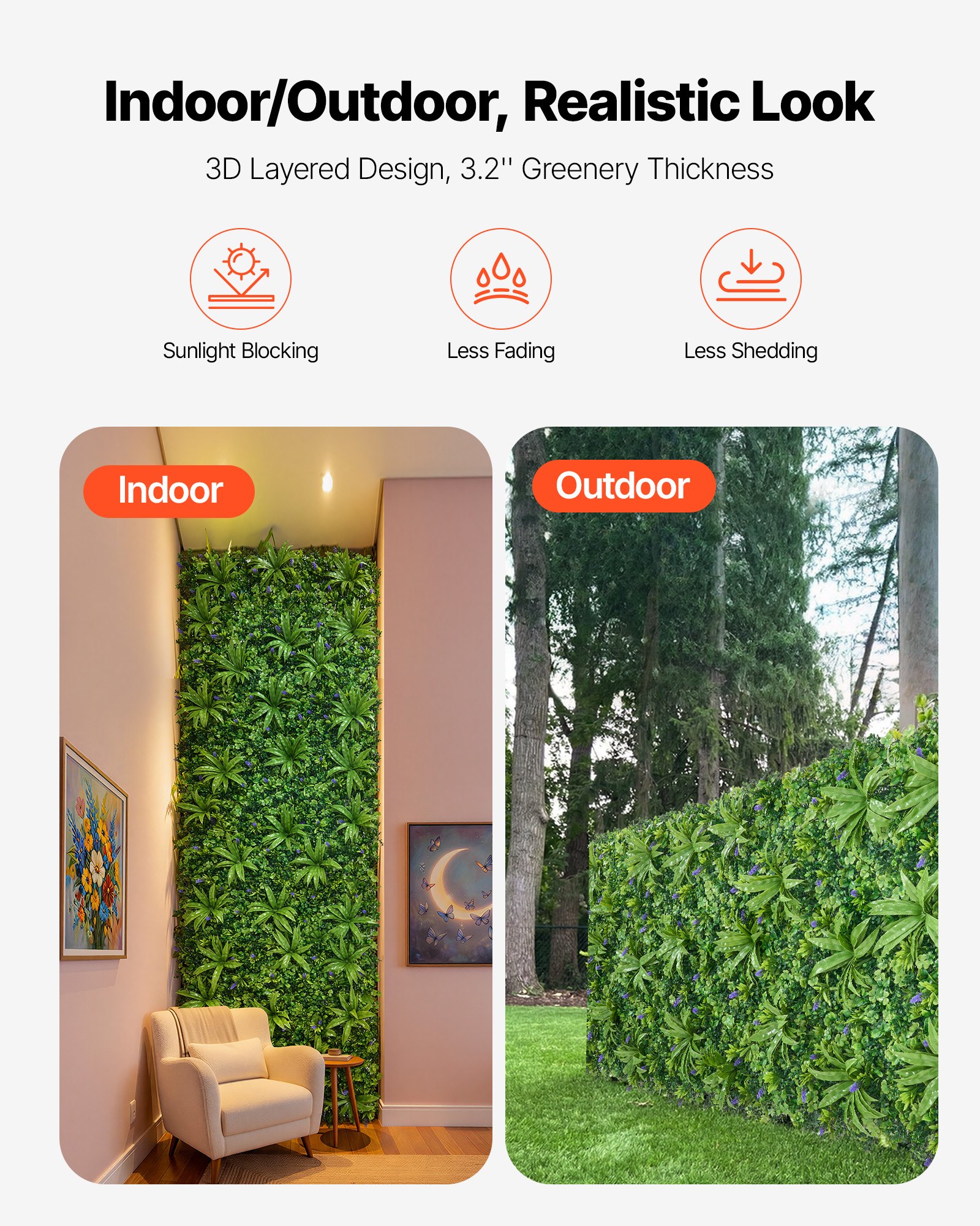 VEVOR Artificial Plant Wall, 101.6 x 304.8 cm Artificial Boxwood Panels, Sun Protection Greenery Backdrop Privacy Hedge Fence, Fake Grass Screen for Wedding, Indoor, Outdoor Garden, Backyard