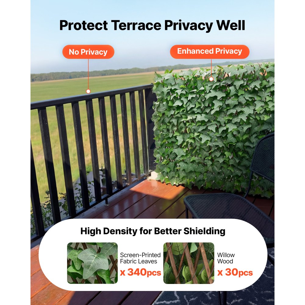VEVOR Expandable Fence Privacy Screen, 63.5 x 320 cm Expand Artificial Plant Wall, Realistic Artificial Ivy Panel with 50 Zip Ties, Decorative Faux Greenery Backdrop Hedges for Balcony Patio Outdoor