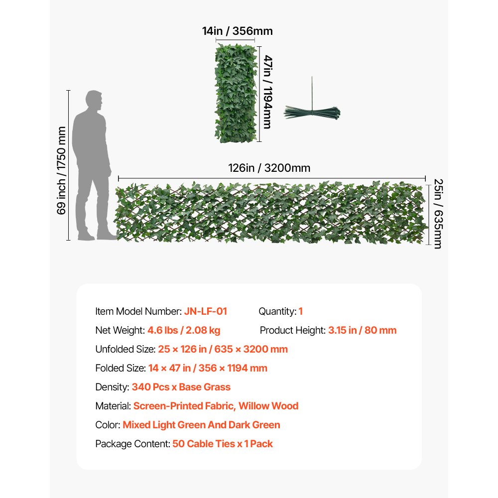VEVOR Expandable Fence Privacy Screen, 63.5 x 320 cm Expand Artificial Plant Wall, Realistic Artificial Ivy Panel with 50 Zip Ties, Decorative Faux Greenery Backdrop Hedges for Balcony Patio Outdoor