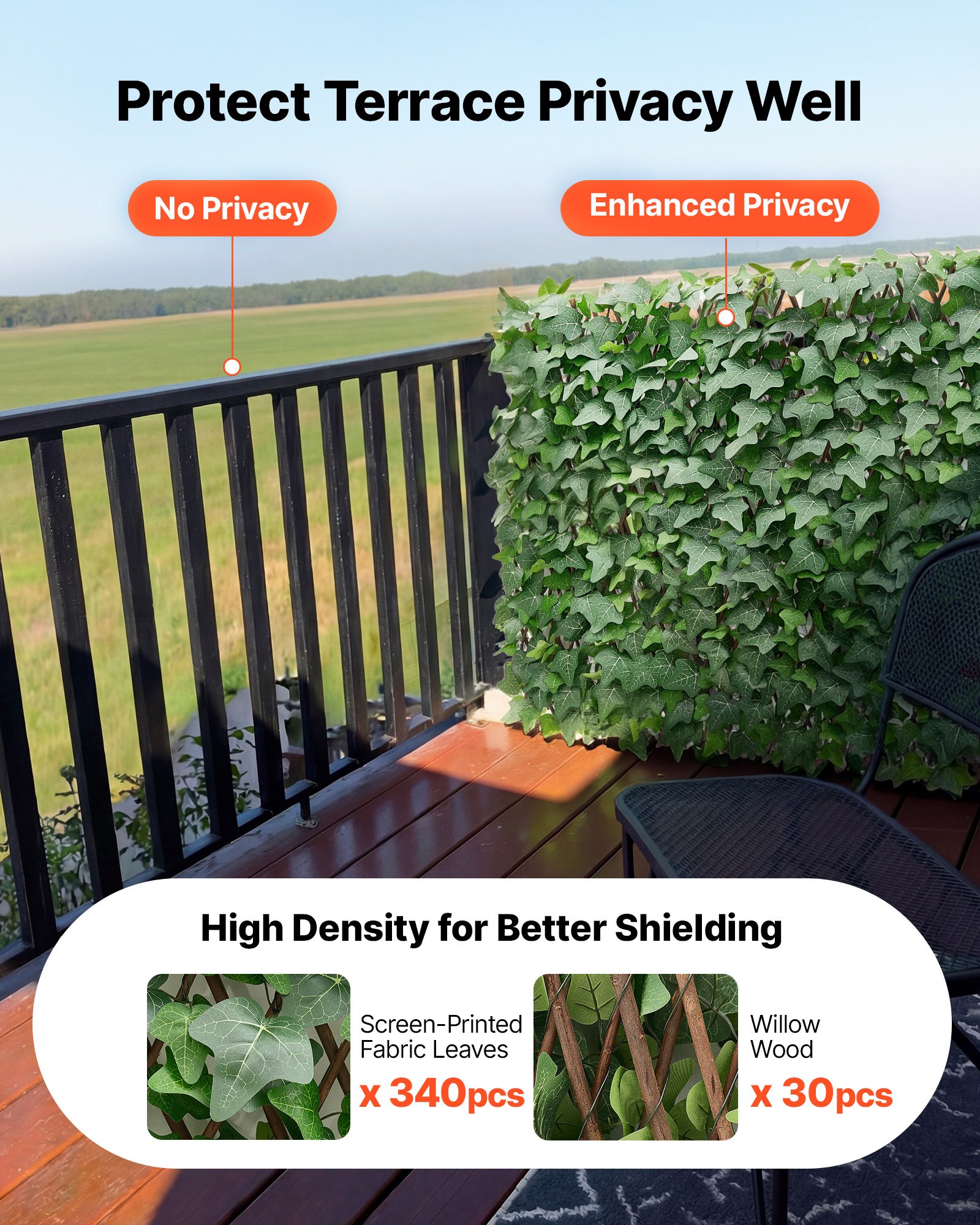 VEVOR Expandable Fence Privacy Screen, 63.5 x 320 cm Expand Artificial Plant Wall, Realistic Artificial Ivy Panel with 50 Zip Ties, Decorative Faux Greenery Backdrop Hedges for Balcony Patio Outdoor