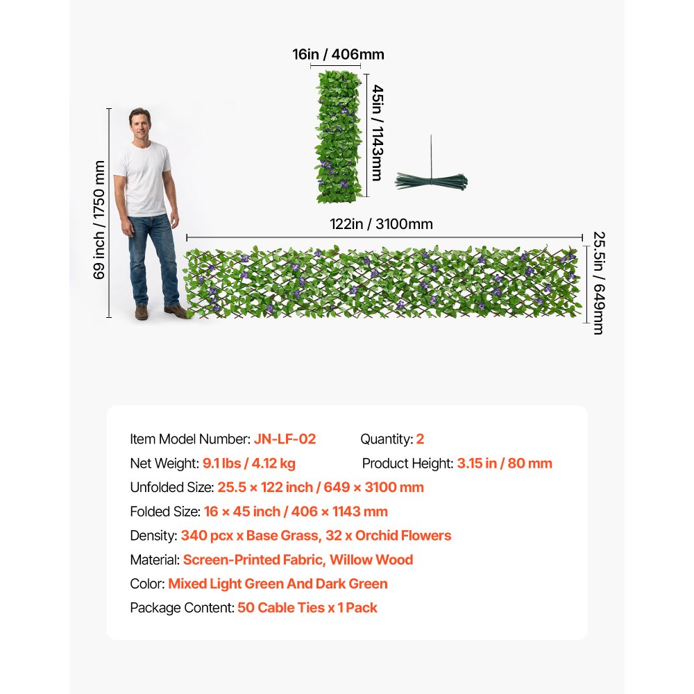 VEVOR Expandable Fence Privacy Screen, 64.9 x 310 cm Expand Artificial Plant Wall, Realistic Artificial Ivy Panel with 50 Zip Ties, Decorative Faux Greenery Backdrop Hedges for Balcony Patio Outdoor