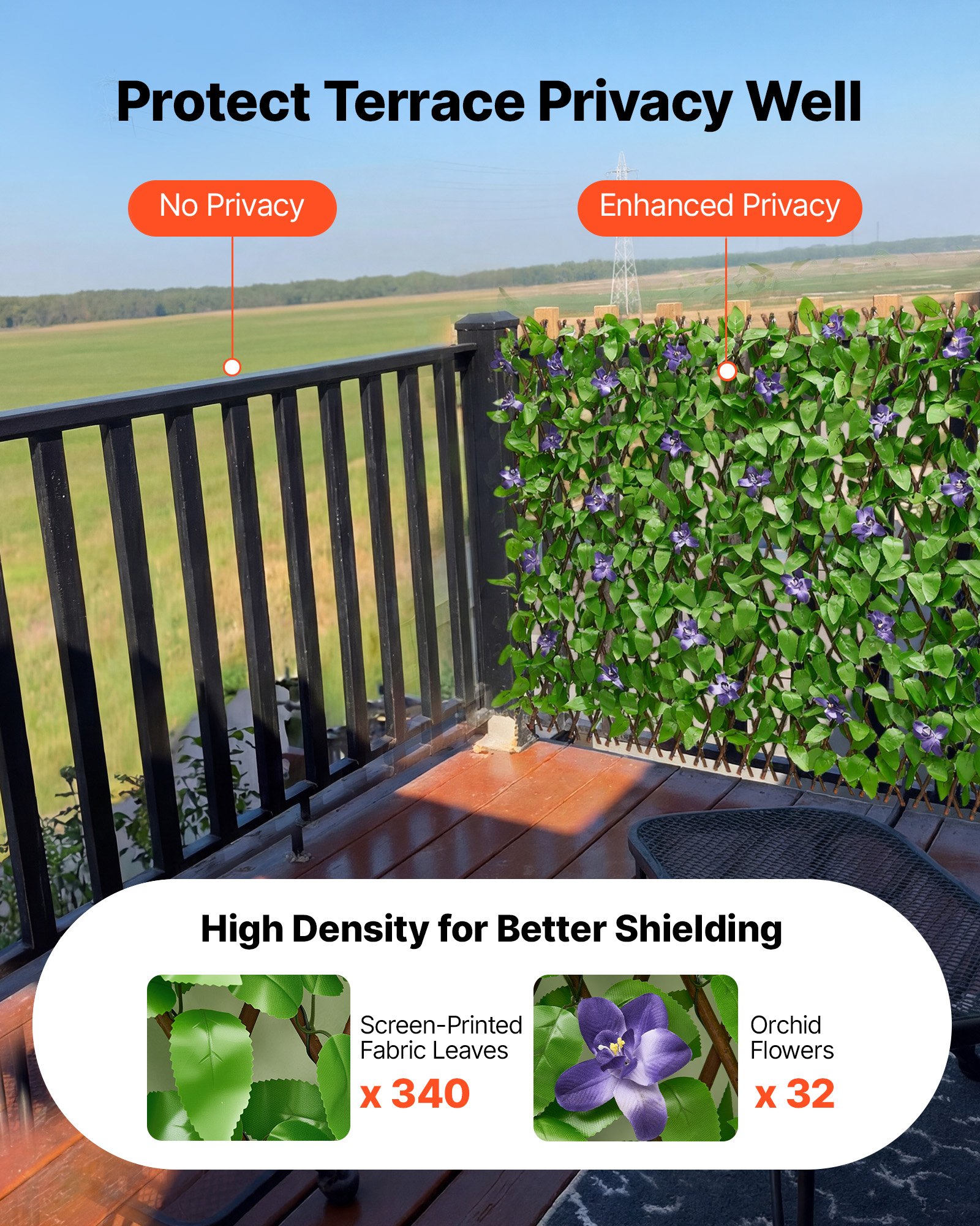 VEVOR Expandable Fence Privacy Screen, 64.9 x 310 cm Expand Artificial Plant Wall, Realistic Artificial Ivy Panel with 50 Zip Ties, Decorative Faux Greenery Backdrop Hedges for Balcony Patio Outdoor