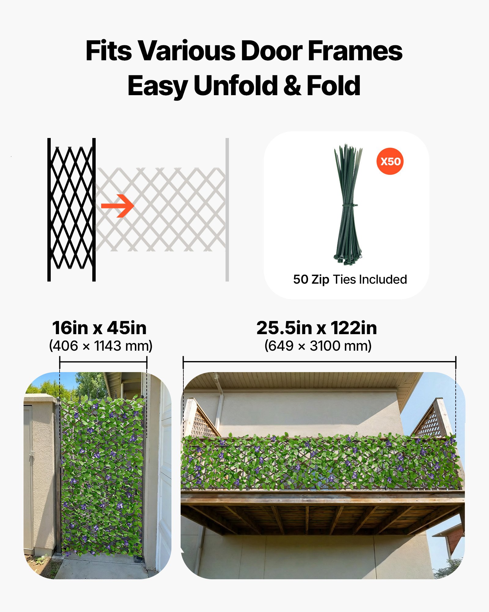 VEVOR Expandable Fence Privacy Screen, 64.9 x 310 cm Expand Artificial Plant Wall, Realistic Artificial Ivy Panel with 50 Zip Ties, Decorative Faux Greenery Backdrop Hedges for Balcony Patio Outdoor