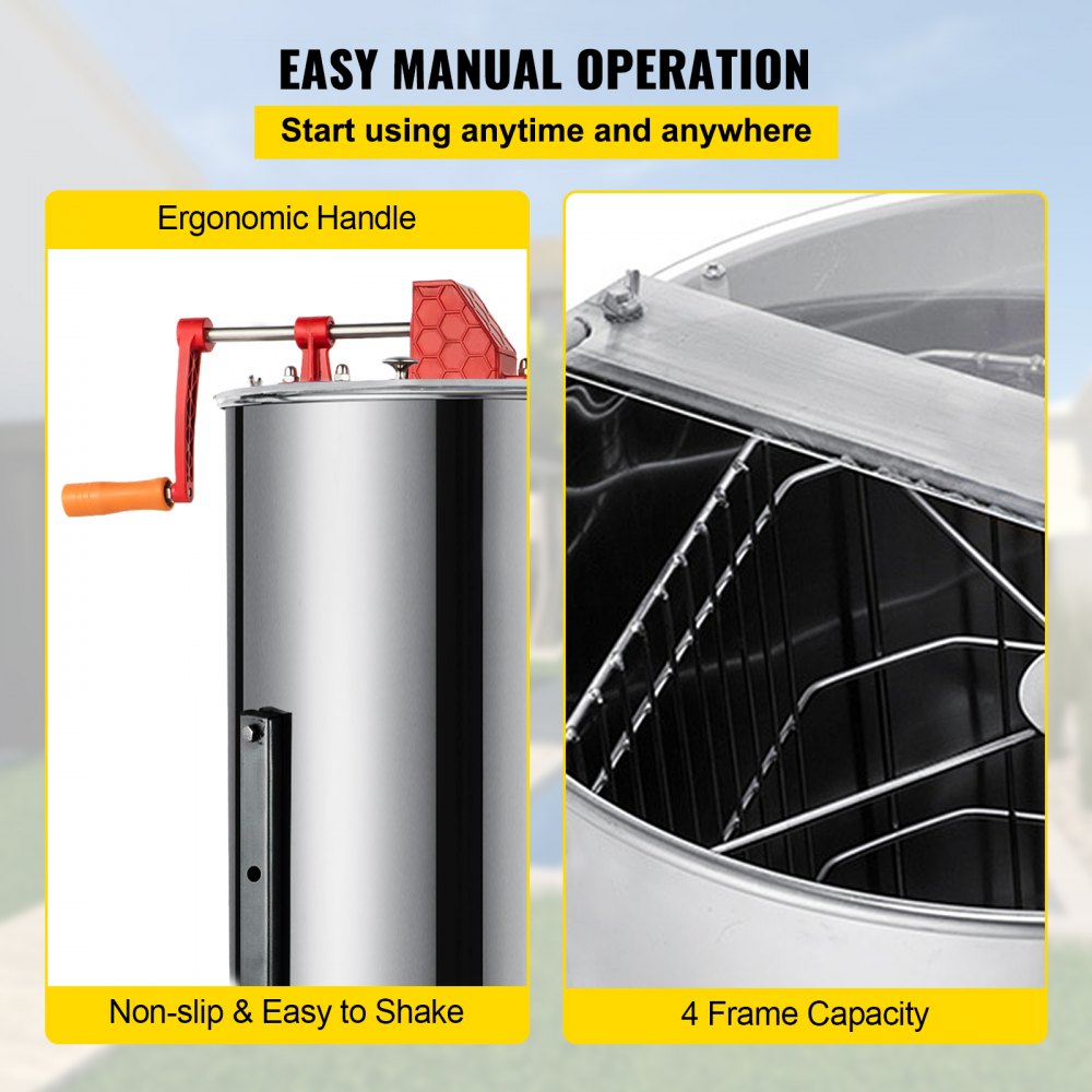 VEVOR 4 Frame Manual Honey Extractor Separator Stainless Steel Bee Extractor Stainless Steel Honeycomb Spinner Crank Beekeeping Extraction Apiary Centrifuge Equipment