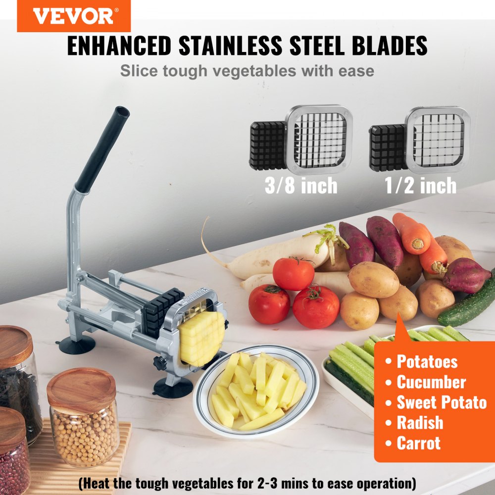 VEVOR French Fry Cutter, Potato Slicer with 1/2-Inch and 3/8-Inch Stainless  Steel Blades, Manual Potato Cutter Chopper with Suction Cups, Great for  Potato, French Fries, Cucumber, Vegetables, Carrot VEVOR US
