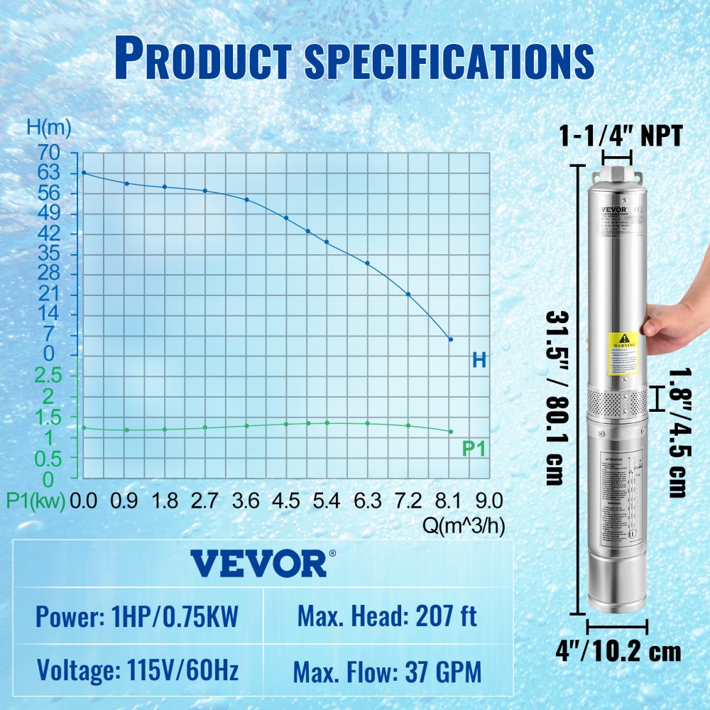 VEVOR Deep Well Submersible Pump, 1HP 115V/60Hz, 37gpm Flow 207ft Head, with 33ft Electric Cord, 4\" Stainless Steel Water Pump for Industrial, Irrigation&Home Use, IP68 Waterproof Grade