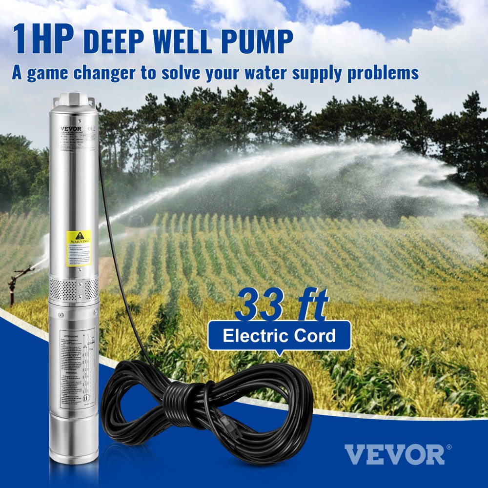 VEVOR Deep Well Submersible Pump, 1HP 115V/60Hz, 37gpm Flow 207ft Head, with 33ft Electric Cord, 4\" Stainless Steel Water Pump for Industrial, Irrigation&Home Use, IP68 Waterproof Grade